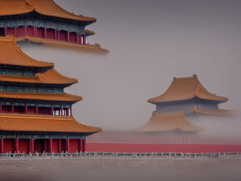 Prompt: forbidden city, highly detailed, cinematic landscape ， foggy