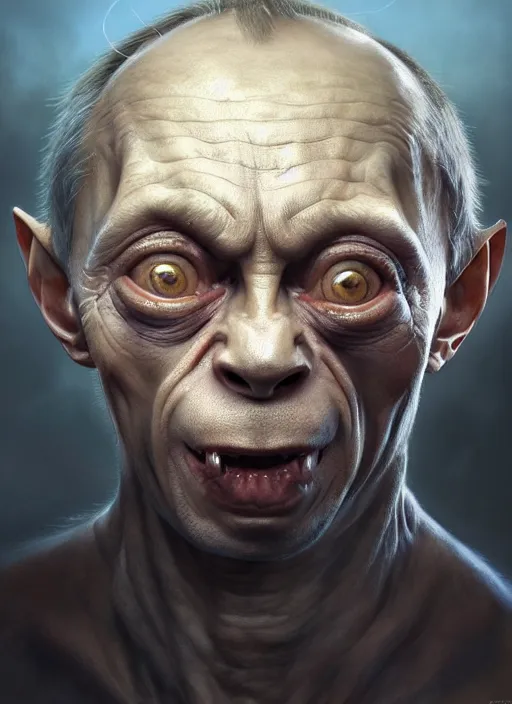 Image similar to portrait of vladimir putin as gollum, subsurface scattering, by jesper ejsing, justin gerard, tomasz alen kopera, cgsociety and fenghua zhong, highly detailed, rim light, cinematic lighting, illustration, art, octane render, very coherent, cinematic, hyper realism, high detail, octane render, 8 k