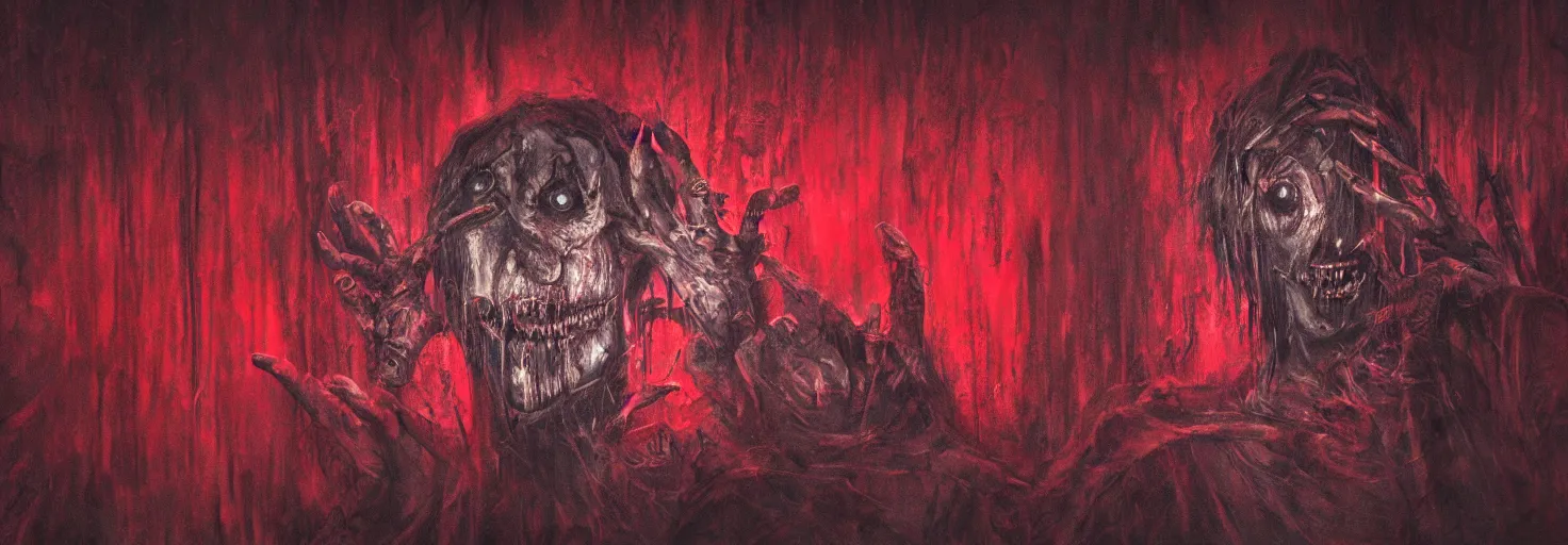 Prompt: ''creepy faces, void, souls, red background, creepy art, horror, artwork, digital paintting, nightmare, ultra detailed, concept art, 8 k, high quality''