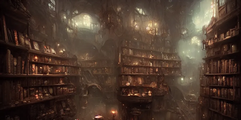 Image similar to ! dream dark book shop interior by bastien lecouffe - deharme and charles bowater, greg rutkowski, adventure game, inspired by diablo concept art