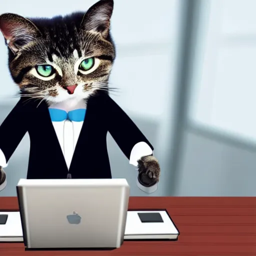 Prompt: photo of an anthropomorphic cat wearing a business suit using a computer in an office