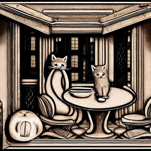 Image similar to Cat’s restaurant, in da Vinci style, trending on artstation