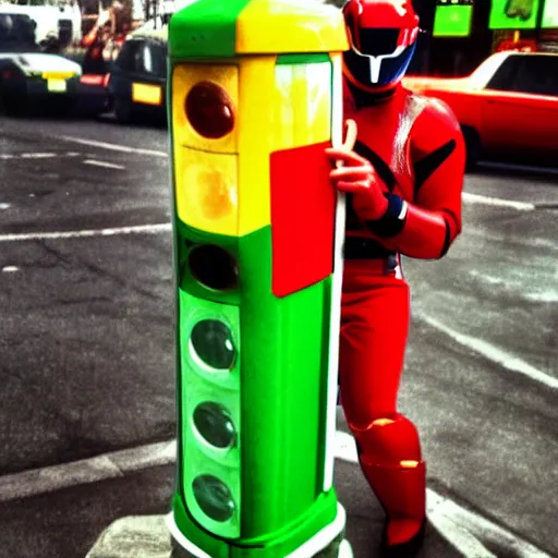 Prompt: lawrence fishburne as the traffic light power ranger, digital photography, highly detailed