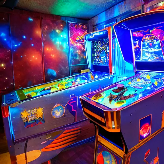 Prompt: Overhead shot of a lit up space-themed retro pinball machine in an arcade, photorealistic, studio lighting