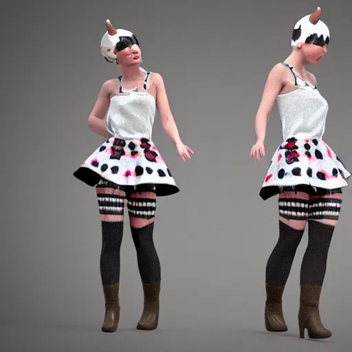 Prompt: A Marvelous Designer render of a cow costume with Holstein print fabric. Spotted peasant top, skater skirt, white fur go-go boots with hooves.