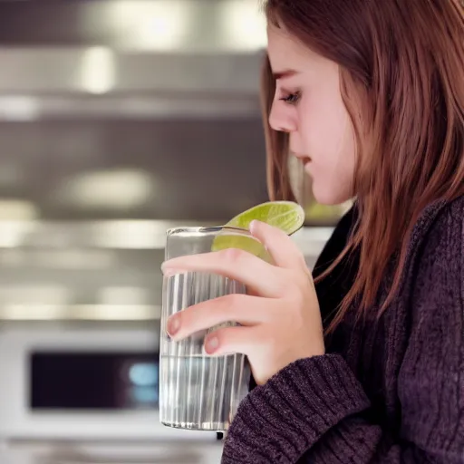 Prompt: macro of a teenage girl from behind holds a glass of fresh water in a modern kitchen, close - up, depth field, realistic face, advertising photography