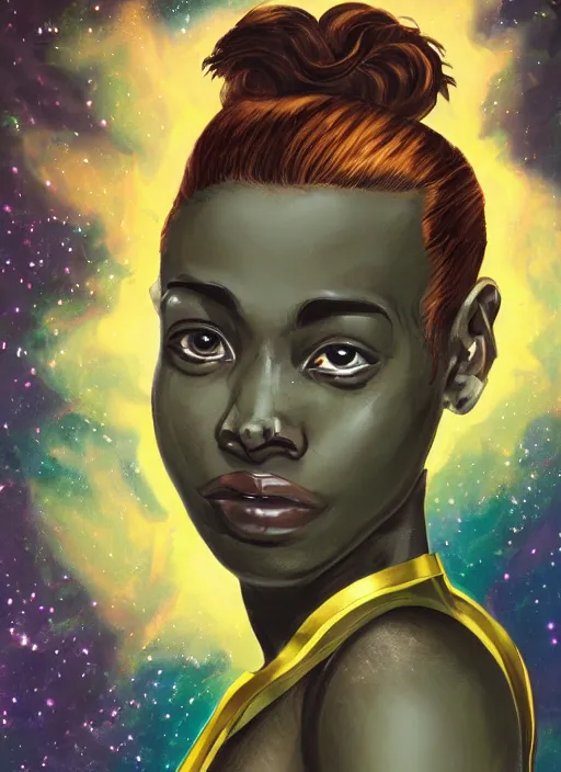 Image similar to An sci-fi comic book style portrait painting of a short, dark-skinned, slender soldier girl wearing a gold and green shirt with short auburn hair that comes almost to her shoulders with brown eyes that look almost black with flecks of gold in them. The girl has a medium-sized scar on the upper right side of her head, unreal 5, DAZ, hyperrealistic, octane render, cosplay, RPG portrait, dynamic lighting