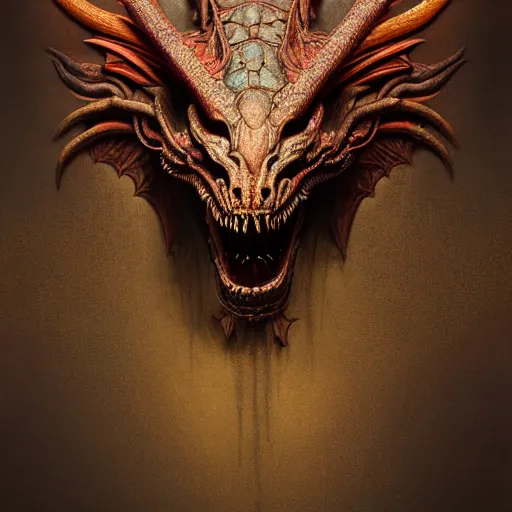 Prompt: a chthonic dragon head art by Daniel Dos Santos, Beksinski, Giger, intricate colourfully painted carved wood paneling, dark souls, ivory and copper , artstation