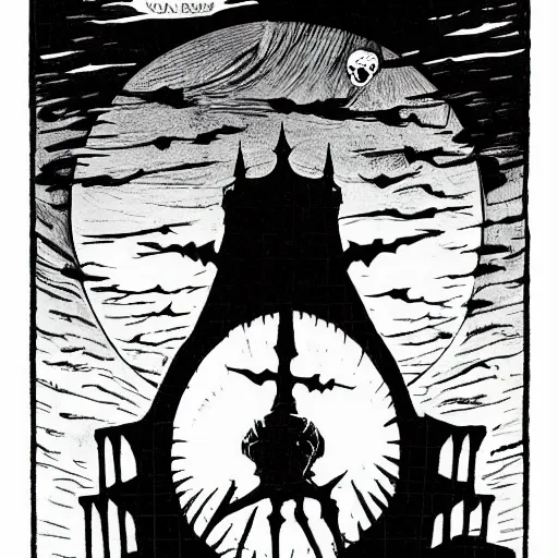 Prompt: The sun setting on a skull, with a looming tower in the distance. Dark Fantasy, Film Noir, Black and White. High Contrast, Mike Mignola, D&D, OSR