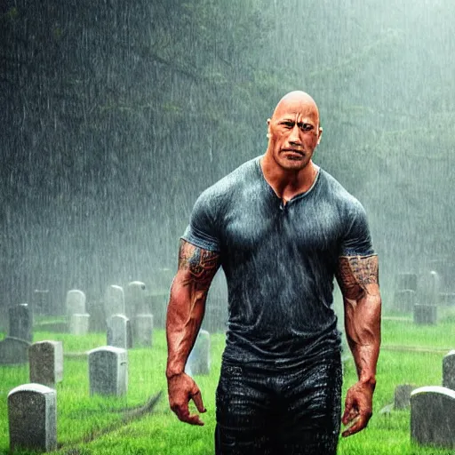 Image similar to dwayne the rock johnson visiting a graveyard in the rain, sad feeling, photorealistic, moody lighting,