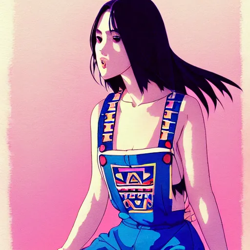 Image similar to a beautiful plus sized model japanese natalie portman, alluring plus sized model, wearing mayan leotard with overalls, street fashion hip hop style with mayan patterns, aztec street fashion, gapmoe yandere grimdark, trending on pixiv fanbox, painted by greg rutkowski makoto shinkai takashi takeuchi studio ghibli, akihiko yoshida