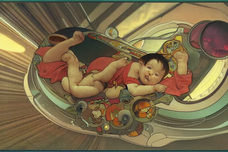 Image similar to a baby in a spaceship, very detailed, smooth render, illustration, art style by shigeru miyamoto and Alphonse Mucha