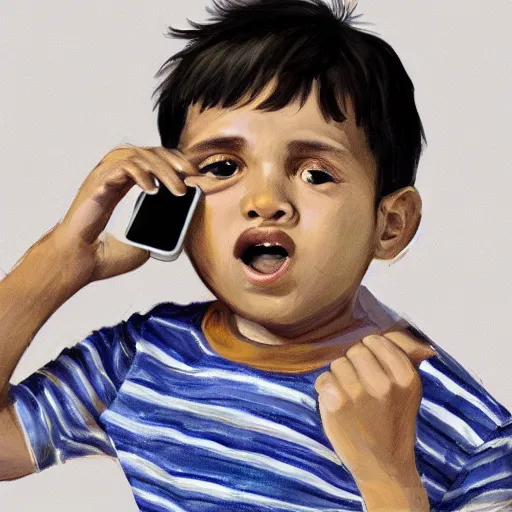 Prompt: a detailed portrait of a boy speaking on the phone, art illustration, incredibly highly detailed and realistic, 8 k, sharp focus