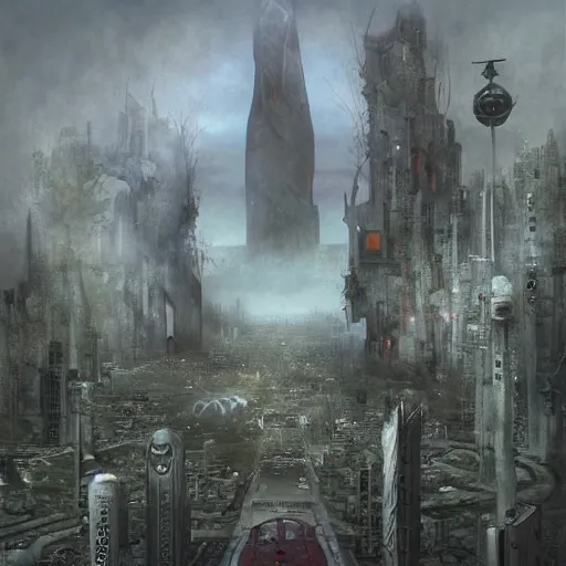 Image similar to distopian city by esao andrews, dark scifi, futuristic distopia by stanslav lem, distopia megaliths, journey across the urban district, neverland and the gateway between dreams by beksinski, ultra hd rendered, ultra realsim