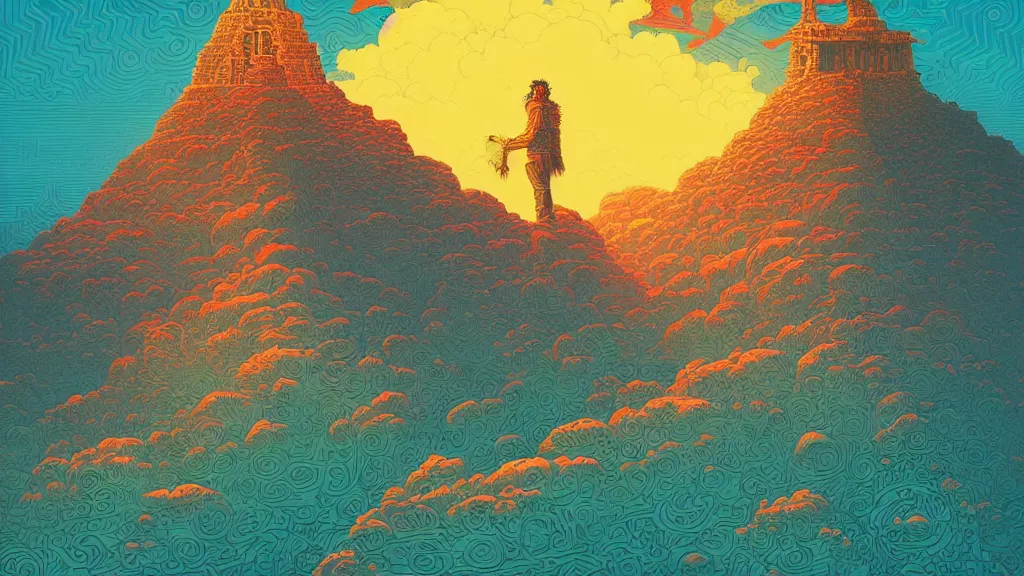 Prompt: highly detailed illustration of a mayan god standing above the clouds by kilian eng, by moebius!, by oliver vernon, by kyle hotz, by dan mumford