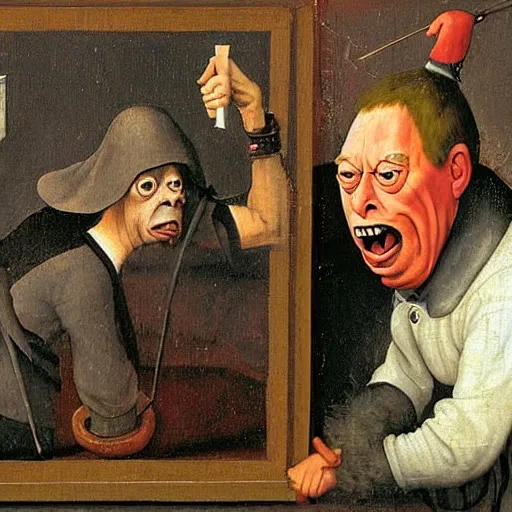 Image similar to red faced nigel farage angry screaming, by hieronymus bosch