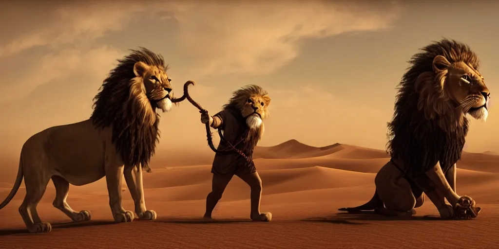 Image similar to a wise old man with a long white beard wearing a hooded tunic, riding a lion in the desert, the man in holding a snake as though it where handlebars and the lion is holding the snake in its mouth, epic cinematic establishing shot, dramatic lighting