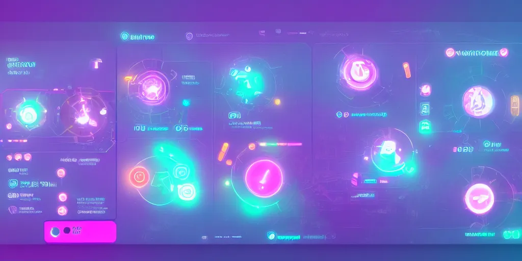 Image similar to futuristic game UI , pastel bright color, blue and pink, cute icons, elite dangerous interface, HUD