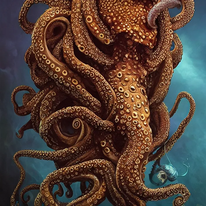 Image similar to beautiful and exotic octopus queen bust portrait, glowing big eyes, art nouveau declotage, perfect symmetrical facial features, hyperrealistic bone structure, desaturated, beautiful lighting, extremely hyperdetailed, mixed media painting, unreal engine, 8 k, octane, 8 mm, by travis charest, rodney matthews and chris achilleos