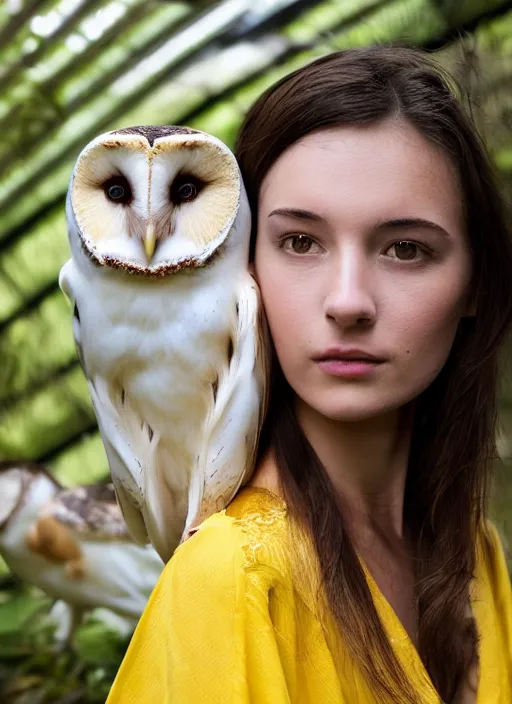 Prompt: portrait photograph of beautiful young female model, symmetric face, symmetric bright eyes, slight smile, natural light, wearing a yellow kimono with a very detailed barn owl on her shoulder!!! in a tropical greenhouse. Masterpiece!! looking at the camera!!. super resolution. Extremely detailed. in the aesthetic of Alesio Albi