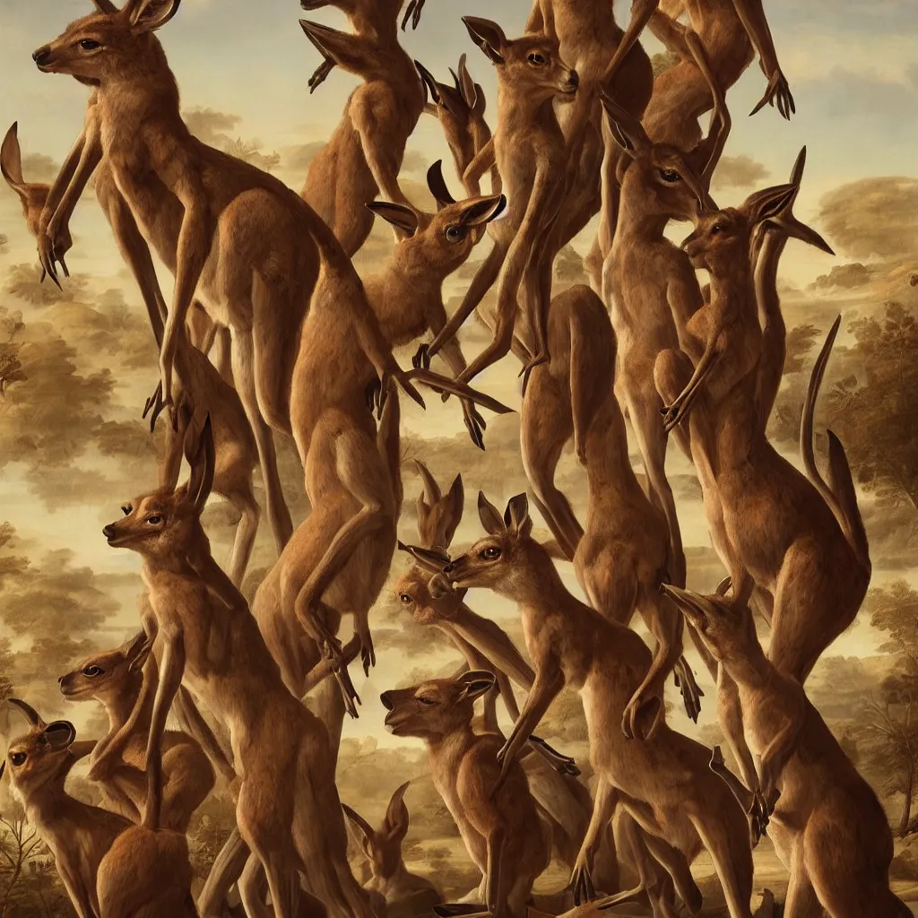 Prompt: Renaissance portrait painting of 5 kangaroos in royal clothing, fantasy art, illustration, epic, fantasy, hyper detailed, artstation, smooth, sharp focus