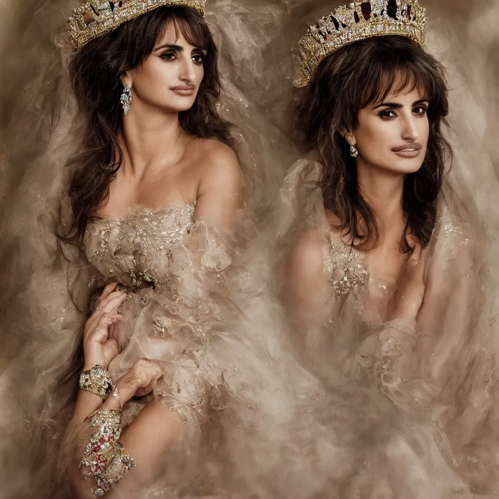 Prompt: penelope cruz as the princess of england, big crown adorned with emerald, diamonds, topaz, gold, ruby and other jewellaries, sensual, beautiful soft light failling on her face, zoomed out, studio photography, nikon 3 5 mm portrait photography, ultra realistic