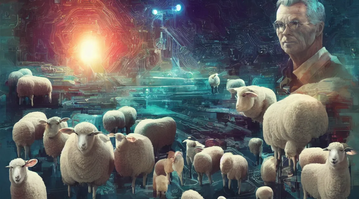 Prompt: do the androids dreams with electric sheeps, Wilbur Mercer, Rick Deckard, friend buster, Philip K. D. ,digital art, illustration style