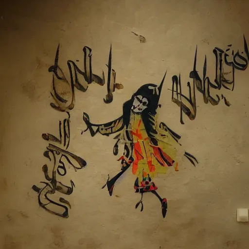 Prompt: arabic calligraphy, transylvanian folk art, in the style of graffiti, made by banksy