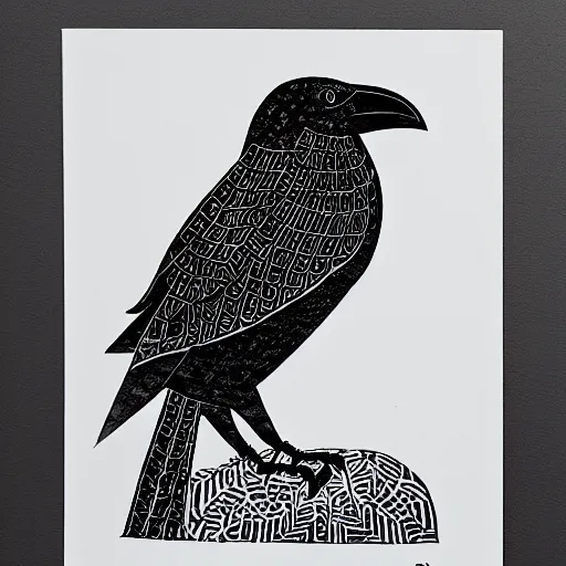 Prompt: crow, bold stylized block print, 4k, black ink on white paper