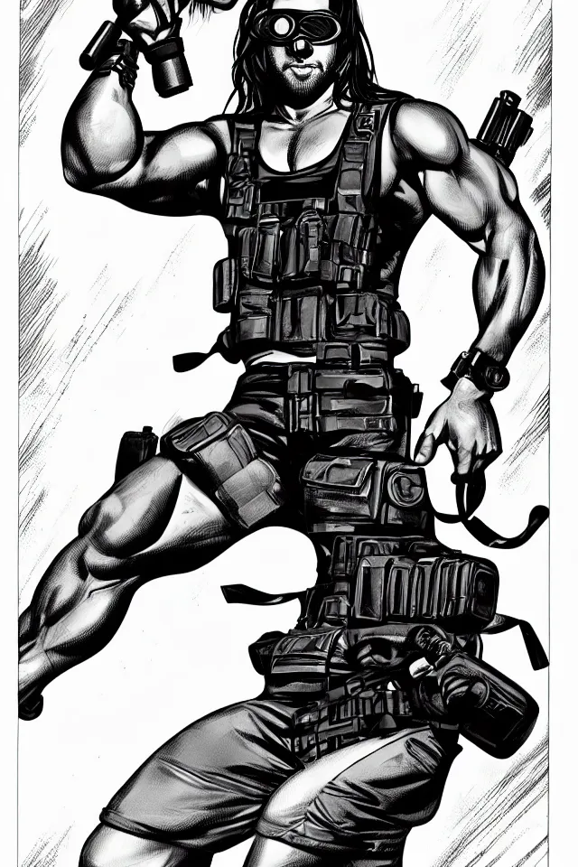 Image similar to muscular man, black vest with no shirt underneath, goggles around his neck, cargo pants, ammo belt, holding a blaster, long black hair in a ponytail, five o' clock shadow, comic book art, full body shot