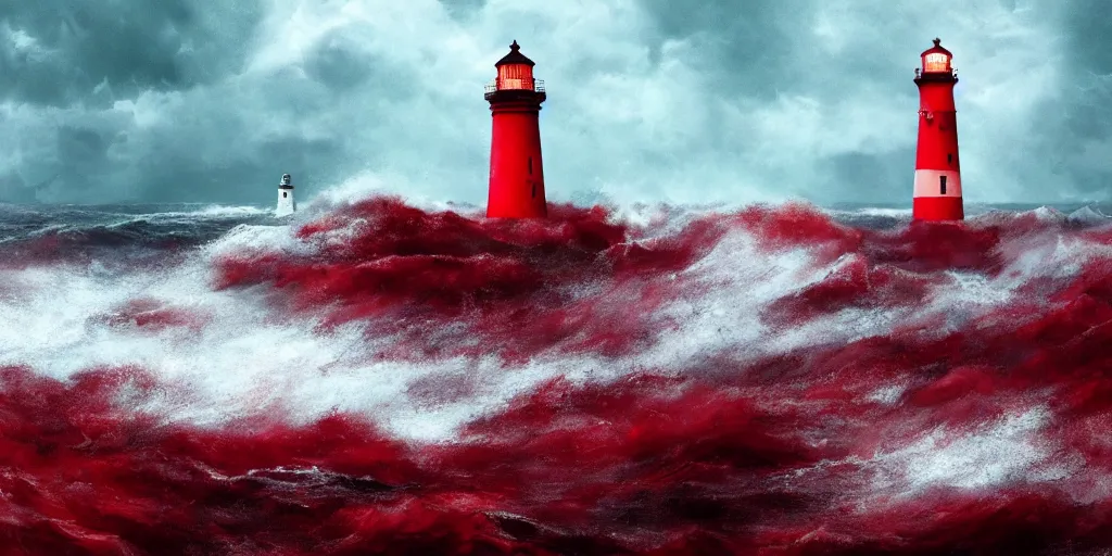 Prompt: A beautiful photorealistic landscape of a sea of blood with a lighthouse sitting in the tumultuous storm, trending on artstation, 8k resolution