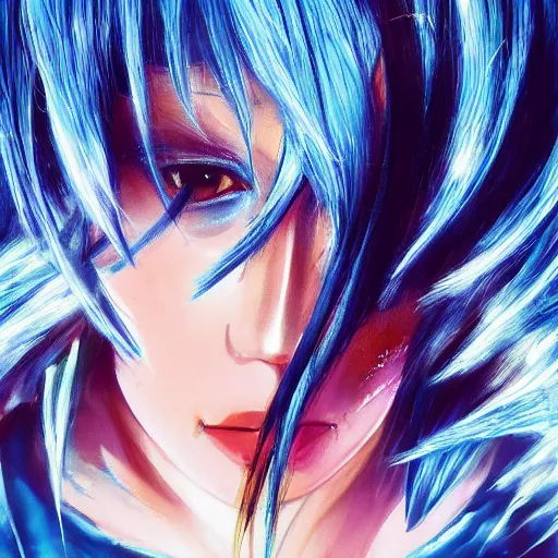 Image similar to full face shot of rimuru tempest, sky blue straight hair, long bangs, with amber eyes, wearing a black jacket, high collar, ultra detailed, concept art, award winning photography, digital painting, cinematic, wlop artstation, closeup, pixiv, evil, yoshitaka amano, andy warhol, ilya kuvshinov,