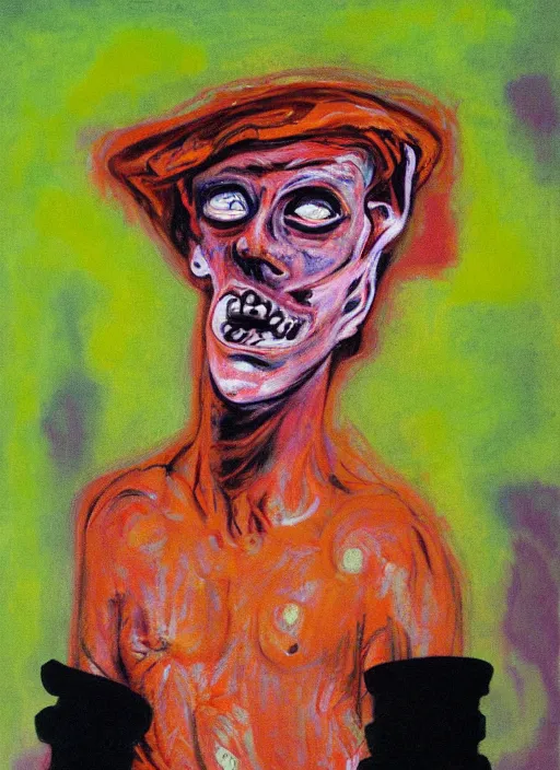 Image similar to scout boy, grotesque, doomed, acrylic paint, gouache on canvas, ugly art, grotesque, wrapped thermal background, art francis bacon