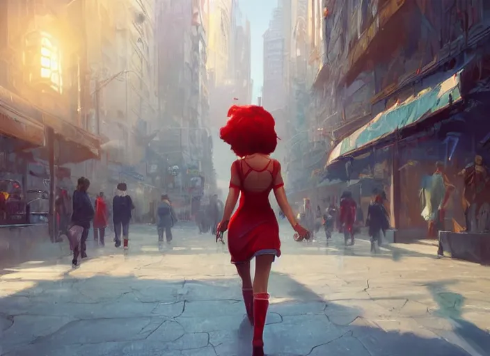 Prompt: glowing girl walking through daylight city carrying a red propaganda flag , DSLR 85mm, by Craig Mullins, ilya kuvshinov, krenz cushart, artgerm, Unreal Engine 5, Lumen, Nanite