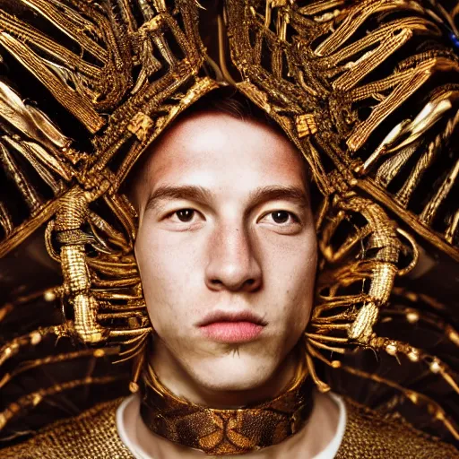 Image similar to a portrait of a beautiful young male wearing an alexander mcqueen armor made of beatles , photographed by andrew thomas huang, artistic