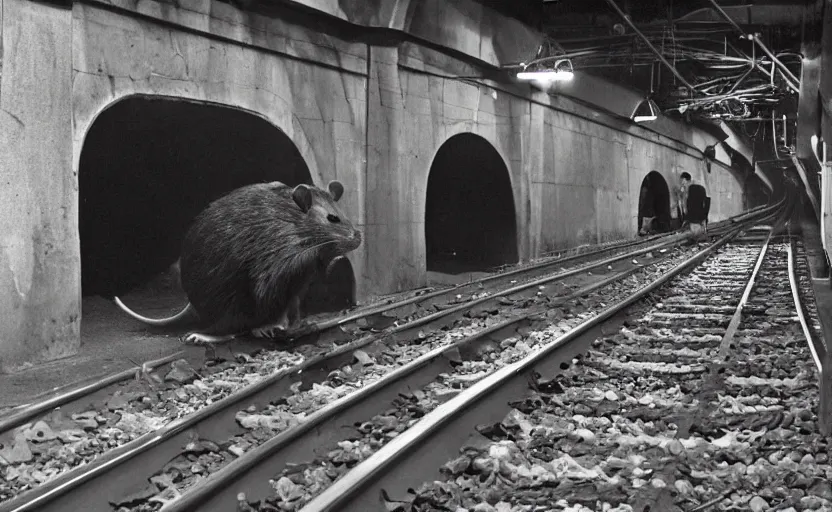 Prompt: giant mutant antropomorphic rat sitting on railways of tonnel of moscow subway. extreme high detail. photo by russos. dark and fear atmosphere.