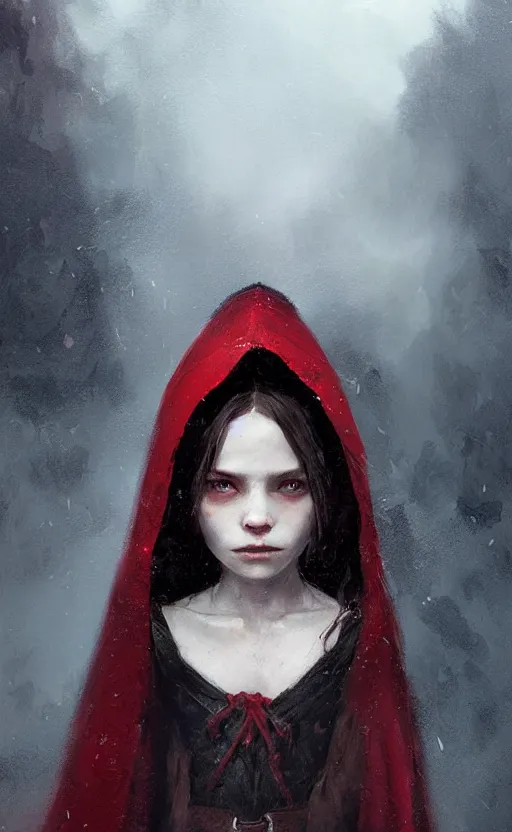 Image similar to Portrait of a small vampire girl wearing a red cloak, detailed face, fantasy, highly detailed, cinematic lighting, digital art painting by greg rutkowski