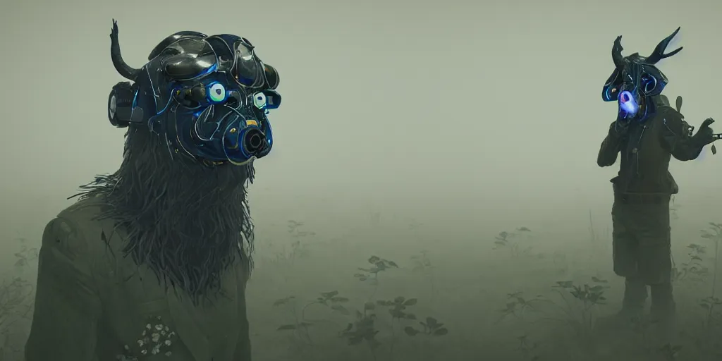 Image similar to a beautifully strange image of a gamekeeper wearing a dieselpunk mechanical fluorescent mystical animal mask. walking in the misty, dangerous river. in style of fornite game. award winning. dramatic. trending on artstation. high quality. rendered by beeple, by makoto shinkai, syd meade, digital art, unreal engine 5, fornite game. octane render