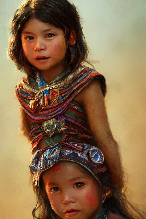 Image similar to aztec little girl, joyful, close - up portrait, intricate, elegant, volumetric lighting, scenery, digital painting, highly detailed, artstation, sharp focus, illustration, concept art, ruan jia, steve mccurry