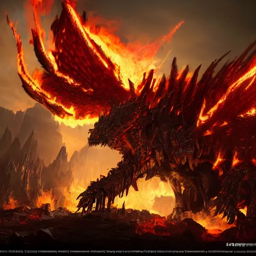 Prompt: 4k unreal engine render of Deathwing spreading his fire in a epic way, dynamic lighting, stunning visuals, cinematic, ultra detailed, trending on art station, fantasy concept art