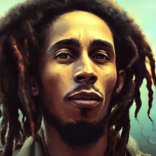 Image similar to closeup portrait of a young bob marley, serene light, gorgeous view, depth, high detail, digital art, painted by greg rutkowski and seb mckinnon, by tim burton, trending on artstation