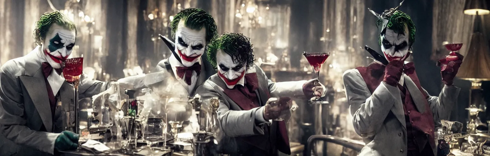 Prompt: joker balancing cocktail glasses on batman ’ s head hq movie still