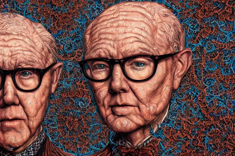 Prompt: beatifull frontal face portrait of gilbert and george, 1 5 0 mm, chromatic aberration, mandelbrot fractal, symmetric, intricate, elegant, highly detailed, ornate, ornament, sculpture, elegant, luxury, beautifully lit, ray trace, octane render in the style of peter gric and butcher billy