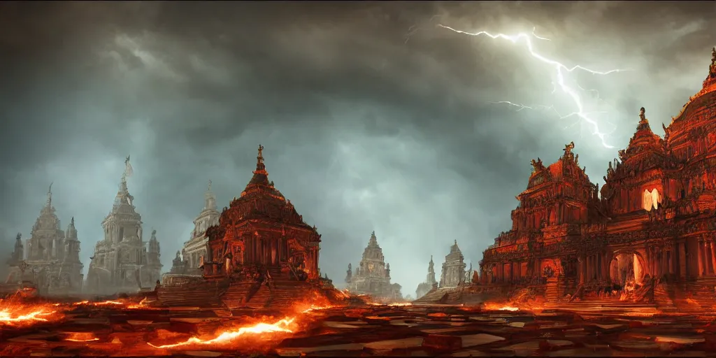 Prompt: massive temple in hell that has large domed roofs and is super complicated with a huge storm with lightning made of fire in the background, surreal, sharp focus, digital art, epic composition, concept art, dynamic lighting, intricate, highly detailed, 8 k, unreal engine, blender render