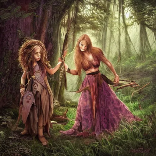 Prompt: sensual girl warrior making a ritual with her daughter in a magical forest by leesha hannigan, fantasy, highly detailed faces, artwork