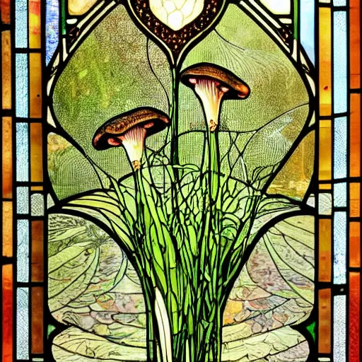Prompt: beautifully detailed victorian art nouveau stained glass mushroom river reeds duckweeds close up abstract mallard feathers rubber leaves foliage, mucha harry clarke kilian eng