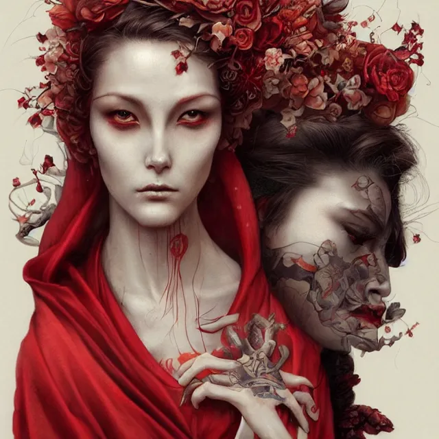 Image similar to ultra realistic illustration, beautifulwoman dressed in red kimono, backview, tattoos, in the style of peter mohrbacher by weta digital and beth cavener, high face symmetry, intricate, masterpiece, award winning, high face symmetry, intricate