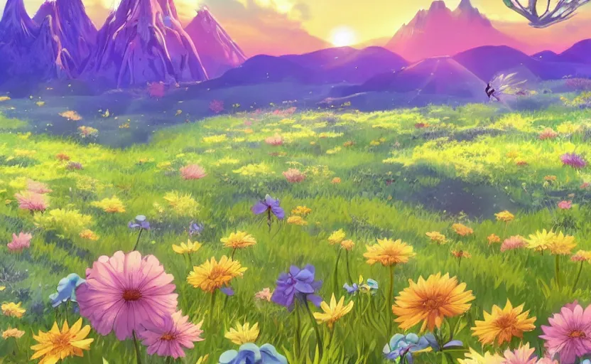 Prompt: fantastic anime sunny meadow with flowers, lone old Oak in the middle plane and mountains on the background, by Hayao Miyazaki, Nausicaa, studio Ghibli style, Anime wallpaper, stunning