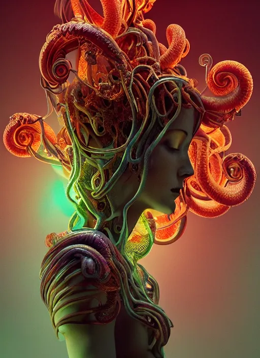Prompt: subsurface scattering, medusa made of soft wax, cgsociety, translucent, wooden art nouveau swirls, biomechanical, colored smoke, gold cables, in the style of alberto seveso and beeple and giger, mystical colors, back light, rim light, dramatic lighting, 8 k, stunning scene, raytracing, octane render