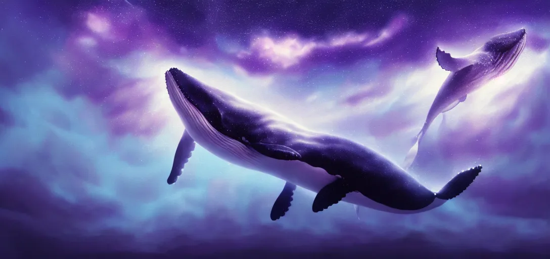 Image similar to a wide angle shot of a lonely whale flying in the sky, sea underneath, cosmic starry sky, concept art, trending on artstation, purple theme atmospheric lighting, painted, intricate, detailed, impressive, leesha hannigan